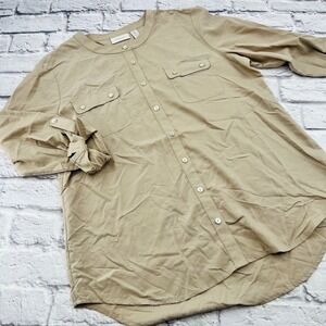 Chicos Womens Beige Shirt Blouse Roll Tab Sleeve Button Up Size 2 / L/12